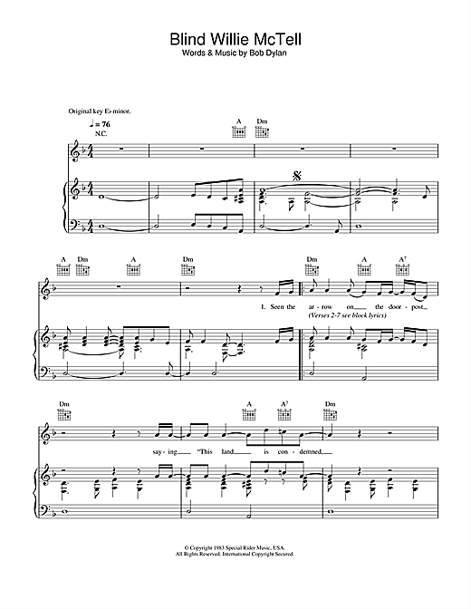 Preview Bob Dylan Blind Willie McTell Rock sheet music, notes and chords for Piano, Vocal & Guitar (Right-Hand Melody), SKU: 33373 sheet music, piano notes, chords, guitar tabs, score, transpose, transcribe, how to play, guide, download, learn, tutorial, progression, song, artist, awards, billboard, mtv, vh1, tour, single, album, release