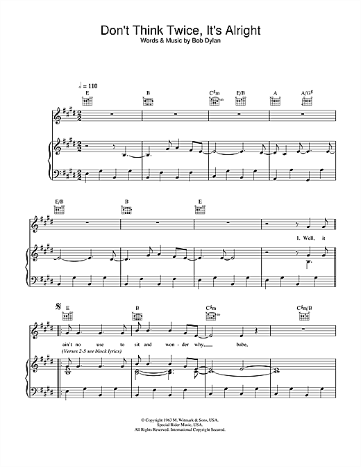 Preview Bob Dylan Don't Think Twice, It's All Right Rock sheet music, notes and chords for Piano, Vocal & Guitar (Right-Hand Melody), SKU: 33374 sheet music, piano notes, chords, guitar tabs, score, transpose, transcribe, how to play, guide, download, learn, tutorial, progression, song, artist, awards, billboard, mtv, vh1, tour, single, album, release