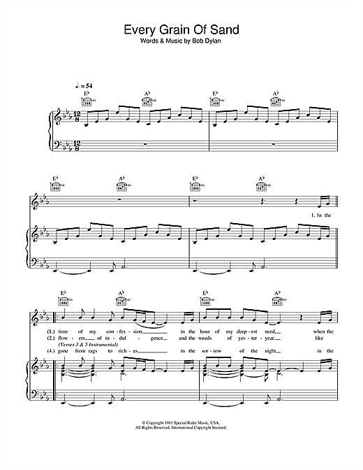 Preview Bob Dylan Every Grain Of Sand Rock sheet music, notes and chords for Piano, Vocal & Guitar (Right-Hand Melody), SKU: 33375 sheet music, piano notes, chords, guitar tabs, score, transpose, transcribe, how to play, guide, download, learn, tutorial, progression, song, artist, awards, billboard, mtv, vh1, tour, single, album, release