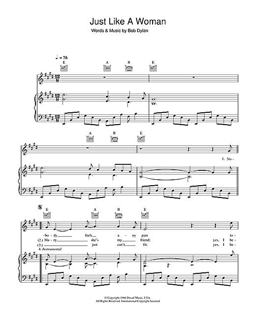 Preview Bob Dylan Just Like A Woman Rock sheet music, notes and chords for Piano, Vocal & Guitar (Right-Hand Melody), SKU: 33377 sheet music, piano notes, chords, guitar tabs, score, transpose, transcribe, how to play, guide, download, learn, tutorial, progression, song, artist, awards, billboard, mtv, vh1, tour, single, album, release