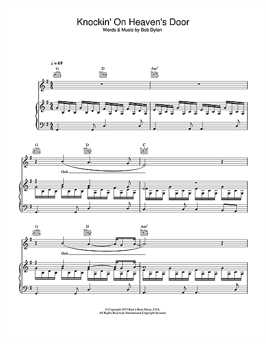 Preview Bob Dylan Knockin' On Heaven's Door Rock sheet music, notes and chords for Piano, Vocal & Guitar (Right-Hand Melody), SKU: 33378 sheet music, piano notes, chords, guitar tabs, score, transpose, transcribe, how to play, guide, download, learn, tutorial, progression, song, artist, awards, billboard, mtv, vh1, tour, single, album, release