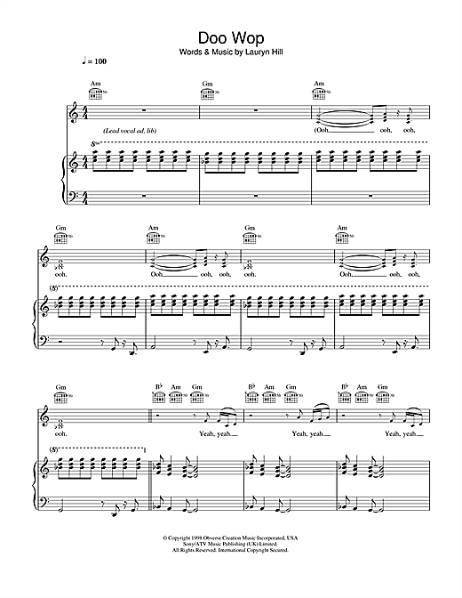 Preview Lauryn Hill Doo Wop (That Thing) R & B sheet music, notes and chords for Piano, Vocal & Guitar, SKU: 33380 sheet music, piano notes, chords, guitar tabs, score, transpose, transcribe, how to play, guide, download, learn, tutorial, progression, song, artist, awards, billboard, mtv, vh1, tour, single, album, release