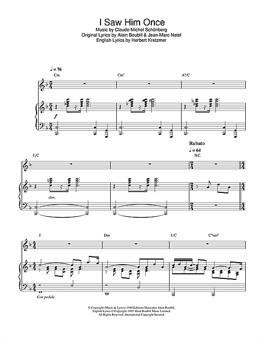 Preview Boublil and Schonberg I Saw Him Once (from Les Miserables) Musicals sheet music, notes and chords for Piano, Vocal & Guitar, SKU: 33384 sheet music, piano notes, chords, guitar tabs, score, transpose, transcribe, how to play, guide, download, learn, tutorial, progression, song, artist, awards, billboard, mtv, vh1, tour, single, album, release