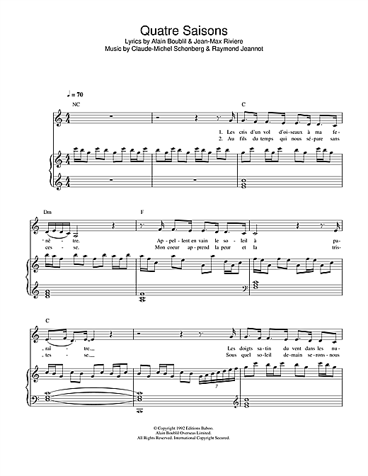 Preview Boublil and Schonberg Quatre Saisons Pour Un Amour (from La Revolution Francaise) Musicals sheet music, notes and chords for Piano, Vocal & Guitar, SKU: 33385 sheet music, piano notes, chords, guitar tabs, score, transpose, transcribe, how to play, guide, download, learn, tutorial, progression, song, artist, awards, billboard, mtv, vh1, tour, single, album, release