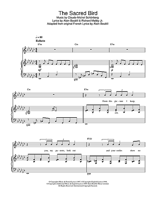 Preview Boublil and Schonberg The Sacred Bird (from Miss Saigon) Musicals sheet music, notes and chords for Piano, Vocal & Guitar, SKU: 33386 sheet music, piano notes, chords, guitar tabs, score, transpose, transcribe, how to play, guide, download, learn, tutorial, progression, song, artist, awards, billboard, mtv, vh1, tour, single, album, release