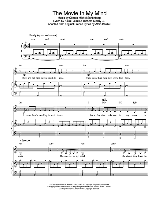 Preview Boublil and Schonberg The Movie In My Mind (from Miss Saigon) Musicals sheet music, notes and chords for Piano, Vocal & Guitar, SKU: 33388 sheet music, piano notes, chords, guitar tabs, score, transpose, transcribe, how to play, guide, download, learn, tutorial, progression, song, artist, awards, billboard, mtv, vh1, tour, single, album, release
