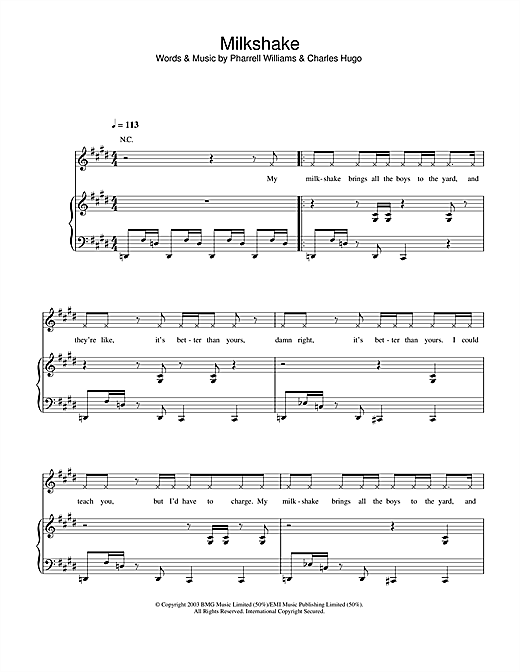 Preview Kelis Milkshake R & B sheet music, notes and chords for Piano, Vocal & Guitar, SKU: 33389 sheet music, piano notes, chords, guitar tabs, score, transpose, transcribe, how to play, guide, download, learn, tutorial, progression, song, artist, awards, billboard, mtv, vh1, tour, single, album, release