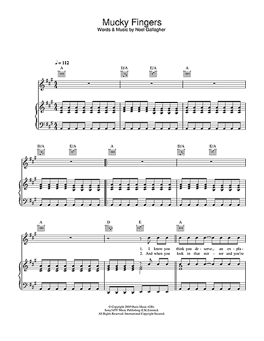 Preview Oasis Mucky Fingers Rock sheet music, notes and chords for Piano, Vocal & Guitar (Right-Hand Melody), SKU: 33390 sheet music, piano notes, chords, guitar tabs, score, transpose, transcribe, how to play, guide, download, learn, tutorial, progression, song, artist, awards, billboard, mtv, vh1, tour, single, album, release