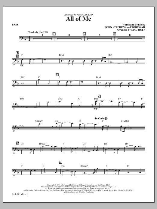 Preview John Legend All of Me (arr. Mac Huff) - Bass Wedding sheet music, notes and chords for Choral Instrumental Pak, SKU: 333919 sheet music, piano notes, chords, guitar tabs, score, transpose, transcribe, how to play, guide, download, learn, tutorial, progression, song, artist, awards, billboard, mtv, vh1, tour, single, album, release