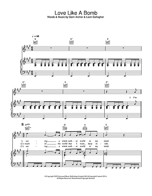 Preview Oasis Love Like A Bomb Rock sheet music, notes and chords for Piano, Vocal & Guitar (Right-Hand Melody), SKU: 33391 sheet music, piano notes, chords, guitar tabs, score, transpose, transcribe, how to play, guide, download, learn, tutorial, progression, song, artist, awards, billboard, mtv, vh1, tour, single, album, release
