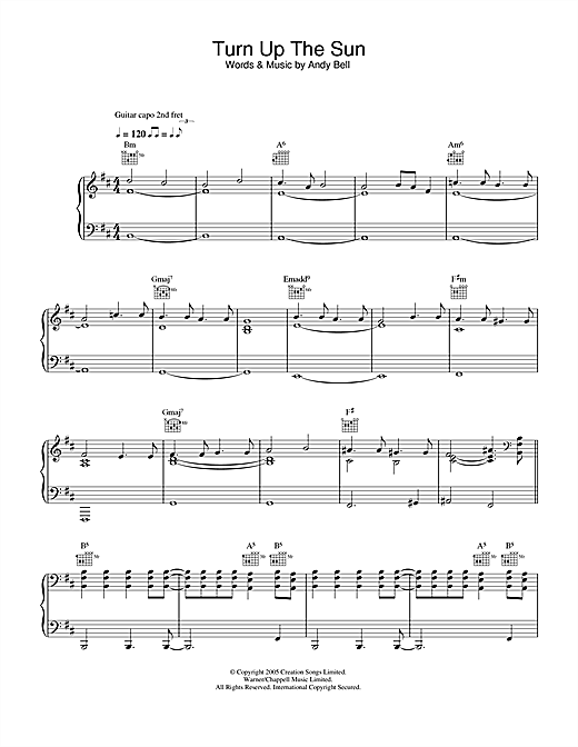 Preview Oasis Turn Up The Sun Rock sheet music, notes and chords for Piano, Vocal & Guitar (Right-Hand Melody), SKU: 33392 sheet music, piano notes, chords, guitar tabs, score, transpose, transcribe, how to play, guide, download, learn, tutorial, progression, song, artist, awards, billboard, mtv, vh1, tour, single, album, release