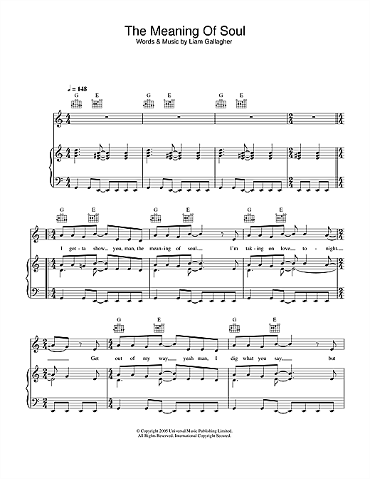 Preview Oasis The Meaning Of Soul Rock sheet music, notes and chords for Piano, Vocal & Guitar (Right-Hand Melody), SKU: 33393 sheet music, piano notes, chords, guitar tabs, score, transpose, transcribe, how to play, guide, download, learn, tutorial, progression, song, artist, awards, billboard, mtv, vh1, tour, single, album, release