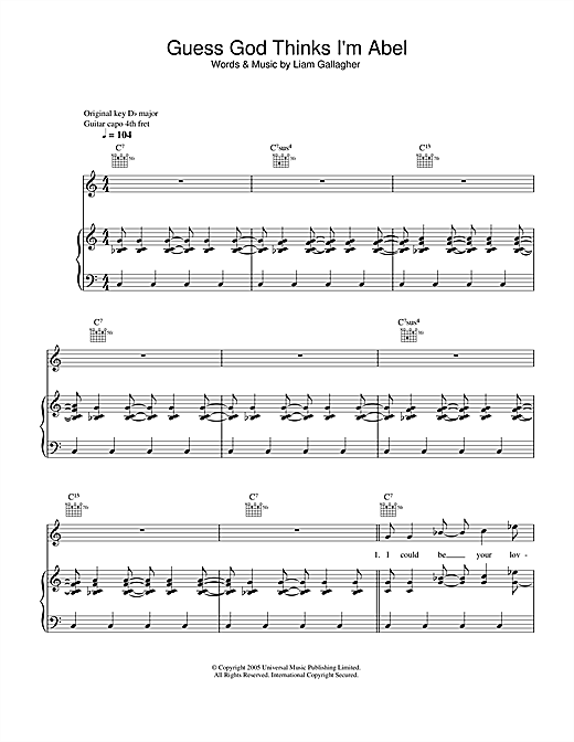 Preview Oasis Guess God Thinks I'm Abel Rock sheet music, notes and chords for Piano, Vocal & Guitar (Right-Hand Melody), SKU: 33394 sheet music, piano notes, chords, guitar tabs, score, transpose, transcribe, how to play, guide, download, learn, tutorial, progression, song, artist, awards, billboard, mtv, vh1, tour, single, album, release