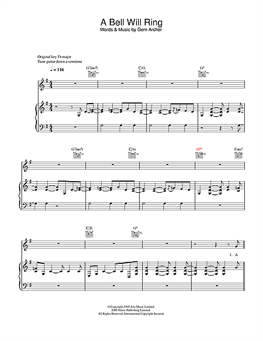 Preview Oasis A Bell Will Ring Rock sheet music, notes and chords for Piano, Vocal & Guitar (Right-Hand Melody), SKU: 33397 sheet music, piano notes, chords, guitar tabs, score, transpose, transcribe, how to play, guide, download, learn, tutorial, progression, song, artist, awards, billboard, mtv, vh1, tour, single, album, release