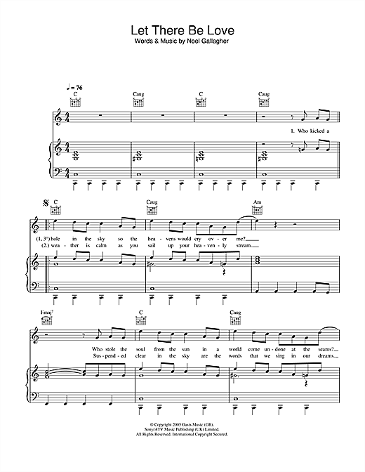 Preview Oasis Let There Be Love Rock sheet music, notes and chords for Piano, Vocal & Guitar (Right-Hand Melody), SKU: 33398 sheet music, piano notes, chords, guitar tabs, score, transpose, transcribe, how to play, guide, download, learn, tutorial, progression, song, artist, awards, billboard, mtv, vh1, tour, single, album, release