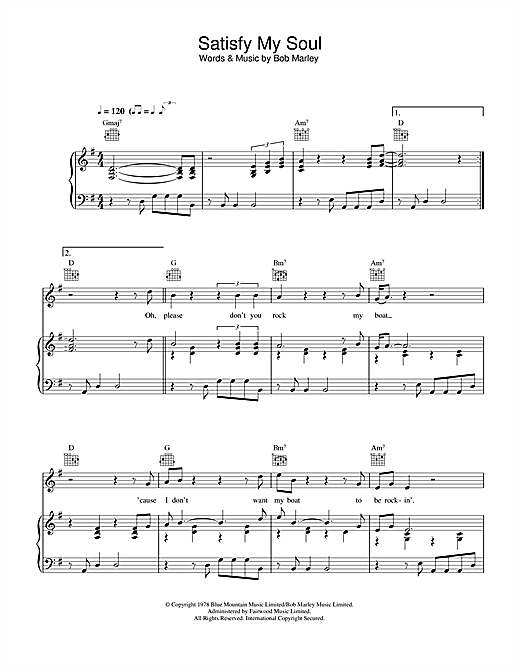 Preview Bob Marley Satisfy My Soul Reggae sheet music, notes and chords for Piano, Vocal & Guitar (Right-Hand Melody), SKU: 33401 sheet music, piano notes, chords, guitar tabs, score, transpose, transcribe, how to play, guide, download, learn, tutorial, progression, song, artist, awards, billboard, mtv, vh1, tour, single, album, release