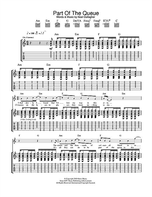 Preview Oasis Part Of The Queue Rock sheet music, notes and chords for Guitar Tab, SKU: 33402 sheet music, piano notes, chords, guitar tabs, score, transpose, transcribe, how to play, guide, download, learn, tutorial, progression, song, artist, awards, billboard, mtv, vh1, tour, single, album, release