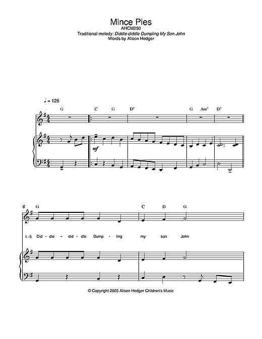 Preview Alison Hedger Mince Pies Children sheet music, notes and chords for Piano, Vocal & Guitar (Right-Hand Melody), SKU: 33403 sheet music, piano notes, chords, guitar tabs, score, transpose, transcribe, how to play, guide, download, learn, tutorial, progression, song, artist, awards, billboard, mtv, vh1, tour, single, album, release