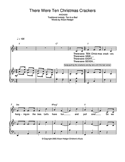 Preview Alison Hedger There Were Ten Christmas Crackers Children sheet music, notes and chords for Piano, Vocal & Guitar (Right-Hand Melody), SKU: 33405 sheet music, piano notes, chords, guitar tabs, score, transpose, transcribe, how to play, guide, download, learn, tutorial, progression, song, artist, awards, billboard, mtv, vh1, tour, single, album, release