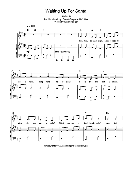 Preview Alison Hedger Waiting Up For Santa Children sheet music, notes and chords for Piano, Vocal & Guitar (Right-Hand Melody), SKU: 33406 sheet music, piano notes, chords, guitar tabs, score, transpose, transcribe, how to play, guide, download, learn, tutorial, progression, song, artist, awards, billboard, mtv, vh1, tour, single, album, release