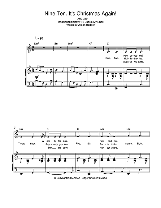 Preview Alison Hedger Nine, Ten, It's Christmas Again! Children sheet music, notes and chords for Piano, Vocal & Guitar (Right-Hand Melody), SKU: 33407 sheet music, piano notes, chords, guitar tabs, score, transpose, transcribe, how to play, guide, download, learn, tutorial, progression, song, artist, awards, billboard, mtv, vh1, tour, single, album, release