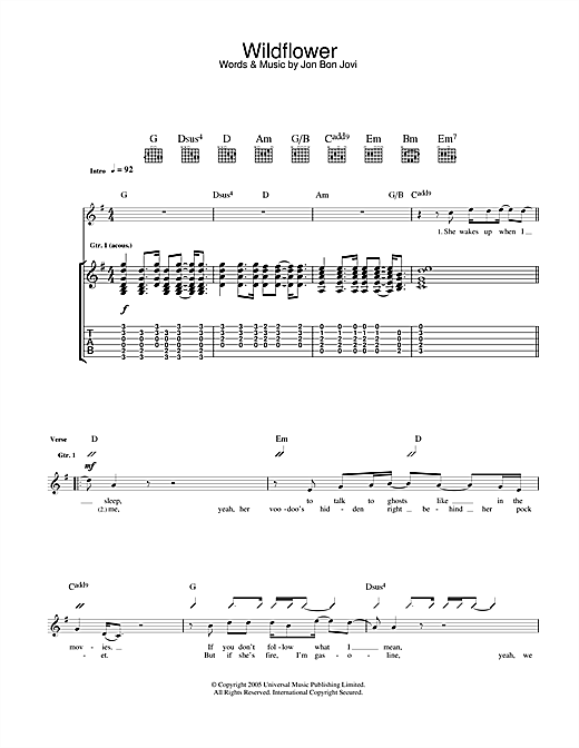 Preview Bon Jovi Wildflower Rock sheet music, notes and chords for Guitar Tab, SKU: 33410 sheet music, piano notes, chords, guitar tabs, score, transpose, transcribe, how to play, guide, download, learn, tutorial, progression, song, artist, awards, billboard, mtv, vh1, tour, single, album, release