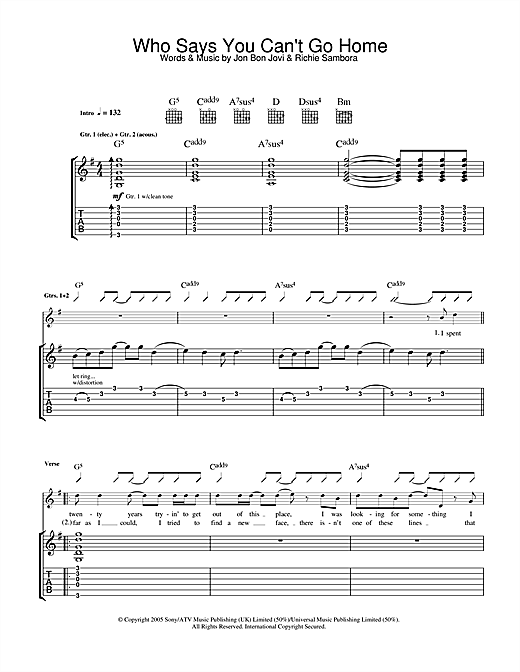 Preview Bon Jovi Who Says You Can't Go Home Rock sheet music, notes and chords for Guitar Tab, SKU: 33411 sheet music, piano notes, chords, guitar tabs, score, transpose, transcribe, how to play, guide, download, learn, tutorial, progression, song, artist, awards, billboard, mtv, vh1, tour, single, album, release