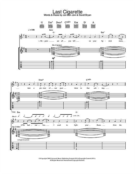 Preview Bon Jovi Last Cigarette Rock sheet music, notes and chords for Guitar Tab, SKU: 33413 sheet music, piano notes, chords, guitar tabs, score, transpose, transcribe, how to play, guide, download, learn, tutorial, progression, song, artist, awards, billboard, mtv, vh1, tour, single, album, release