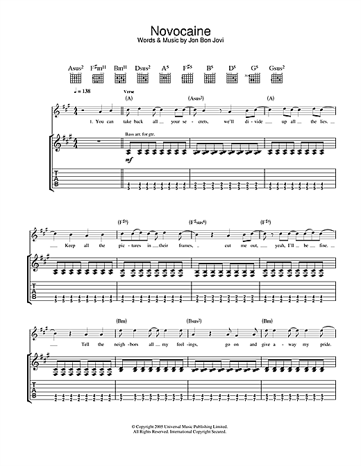 Preview Bon Jovi Novocaine Rock sheet music, notes and chords for Guitar Tab, SKU: 33414 sheet music, piano notes, chords, guitar tabs, score, transpose, transcribe, how to play, guide, download, learn, tutorial, progression, song, artist, awards, billboard, mtv, vh1, tour, single, album, release