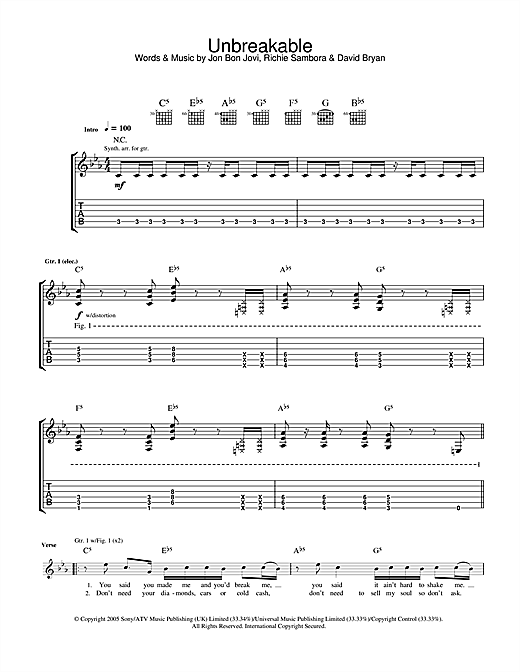 Preview Bon Jovi Unbreakable Rock sheet music, notes and chords for Guitar Tab, SKU: 33416 sheet music, piano notes, chords, guitar tabs, score, transpose, transcribe, how to play, guide, download, learn, tutorial, progression, song, artist, awards, billboard, mtv, vh1, tour, single, album, release