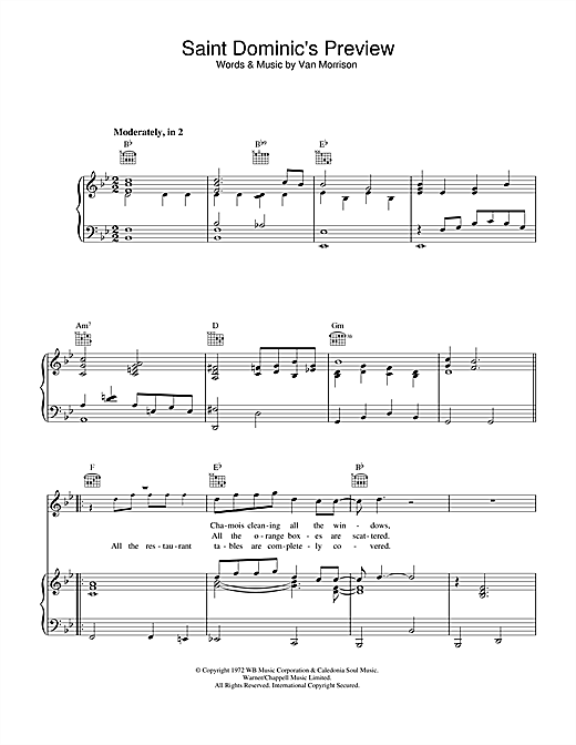 Preview Van Morrison Saint Dominic's Preview Soul sheet music, notes and chords for Piano, Vocal & Guitar (Right-Hand Melody), SKU: 33417 sheet music, piano notes, chords, guitar tabs, score, transpose, transcribe, how to play, guide, download, learn, tutorial, progression, song, artist, awards, billboard, mtv, vh1, tour, single, album, release