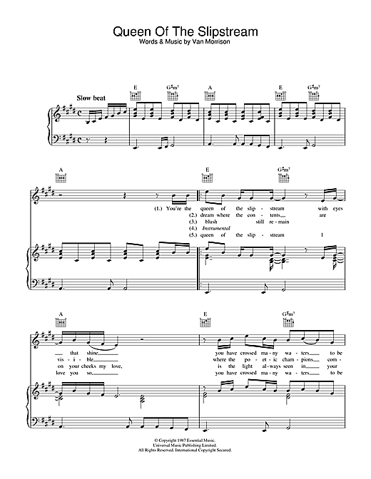 Preview Van Morrison Queen Of The Slipstream Soul sheet music, notes and chords for Piano, Vocal & Guitar (Right-Hand Melody), SKU: 33418 sheet music, piano notes, chords, guitar tabs, score, transpose, transcribe, how to play, guide, download, learn, tutorial, progression, song, artist, awards, billboard, mtv, vh1, tour, single, album, release