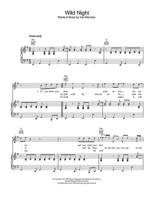 Preview Van Morrison Wild Night Soul sheet music, notes and chords for Piano, Vocal & Guitar, SKU: 33421 sheet music, piano notes, chords, guitar tabs, score, transpose, transcribe, how to play, guide, download, learn, tutorial, progression, song, artist, awards, billboard, mtv, vh1, tour, single, album, release