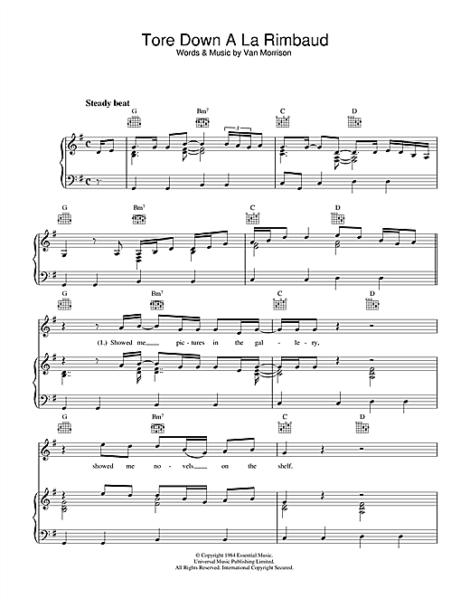 Preview Van Morrison Tore Down A La Rimbaud Soul sheet music, notes and chords for Piano, Vocal & Guitar (Right-Hand Melody), SKU: 33422 sheet music, piano notes, chords, guitar tabs, score, transpose, transcribe, how to play, guide, download, learn, tutorial, progression, song, artist, awards, billboard, mtv, vh1, tour, single, album, release