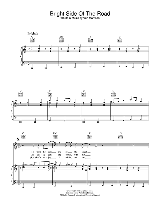 Preview Van Morrison Bright Side Of The Road Soul sheet music, notes and chords for Piano, Vocal & Guitar (Right-Hand Melody), SKU: 33424 sheet music, piano notes, chords, guitar tabs, score, transpose, transcribe, how to play, guide, download, learn, tutorial, progression, song, artist, awards, billboard, mtv, vh1, tour, single, album, release