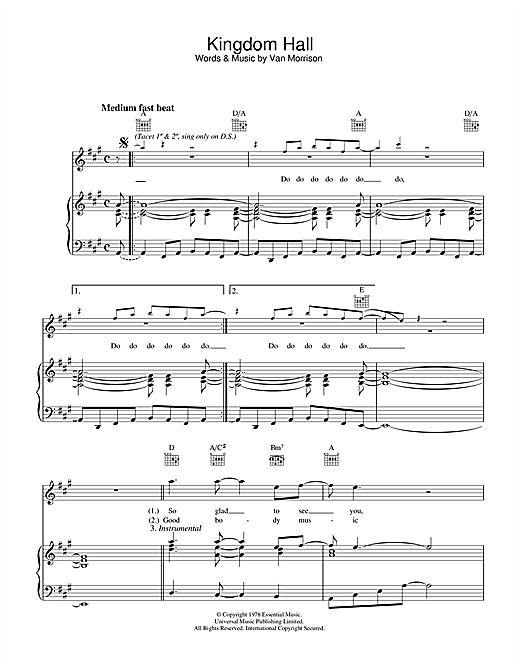 Preview Van Morrison Kingdom Hall Soul sheet music, notes and chords for Piano, Vocal & Guitar (Right-Hand Melody), SKU: 33425 sheet music, piano notes, chords, guitar tabs, score, transpose, transcribe, how to play, guide, download, learn, tutorial, progression, song, artist, awards, billboard, mtv, vh1, tour, single, album, release