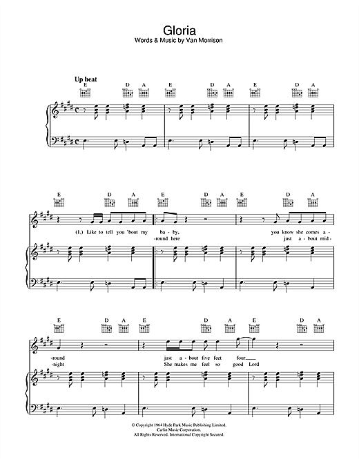 Preview Van Morrison Gloria Soul sheet music, notes and chords for Piano, Vocal & Guitar, SKU: 33426 sheet music, piano notes, chords, guitar tabs, score, transpose, transcribe, how to play, guide, download, learn, tutorial, progression, song, artist, awards, billboard, mtv, vh1, tour, single, album, release