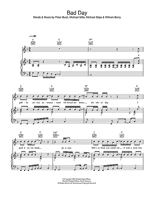 Preview R.E.M. Bad Day Rock sheet music, notes and chords for Piano, Vocal & Guitar (Right-Hand Melody), SKU: 33427 sheet music, piano notes, chords, guitar tabs, score, transpose, transcribe, how to play, guide, download, learn, tutorial, progression, song, artist, awards, billboard, mtv, vh1, tour, single, album, release