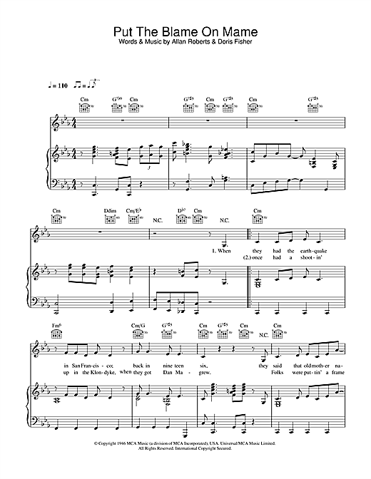Preview Rita Hayworth Put The Blame On Mame Musicals sheet music, notes and chords for Piano, Vocal & Guitar (Right-Hand Melody), SKU: 33433 sheet music, piano notes, chords, guitar tabs, score, transpose, transcribe, how to play, guide, download, learn, tutorial, progression, song, artist, awards, billboard, mtv, vh1, tour, single, album, release