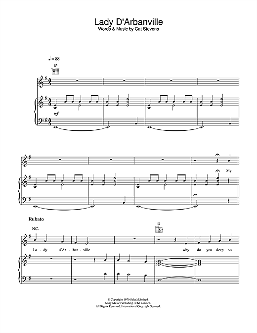Preview Cat Stevens Lady D'Arbanville Folk sheet music, notes and chords for Piano, Vocal & Guitar (Right-Hand Melody), SKU: 33434 sheet music, piano notes, chords, guitar tabs, score, transpose, transcribe, how to play, guide, download, learn, tutorial, progression, song, artist, awards, billboard, mtv, vh1, tour, single, album, release