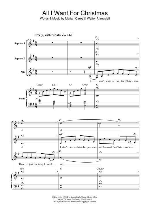 Preview Mariah Carey All I Want For Christmas Is You Pop sheet music, notes and chords for SSA, SKU: 33439 sheet music, piano notes, chords, guitar tabs, score, transpose, transcribe, how to play, guide, download, learn, tutorial, progression, song, artist, awards, billboard, mtv, vh1, tour, single, album, release