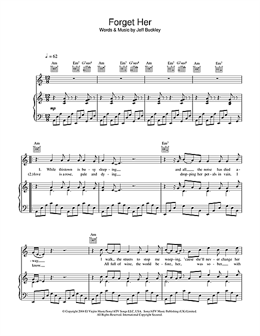 Preview Jeff Buckley Forget Her Rock sheet music, notes and chords for Piano, Vocal & Guitar (Right-Hand Melody), SKU: 33440 sheet music, piano notes, chords, guitar tabs, score, transpose, transcribe, how to play, guide, download, learn, tutorial, progression, song, artist, awards, billboard, mtv, vh1, tour, single, album, release
