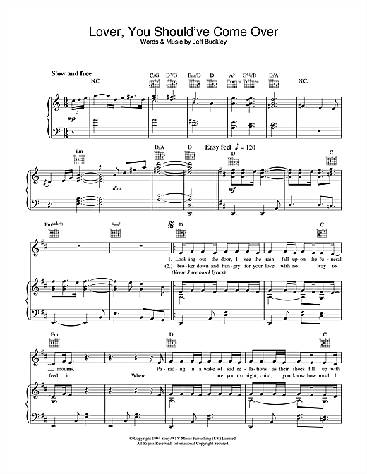 Preview Jeff Buckley Lover You Should've Come Over Rock sheet music, notes and chords for Piano, Vocal & Guitar (Right-Hand Melody), SKU: 33441 sheet music, piano notes, chords, guitar tabs, score, transpose, transcribe, how to play, guide, download, learn, tutorial, progression, song, artist, awards, billboard, mtv, vh1, tour, single, album, release