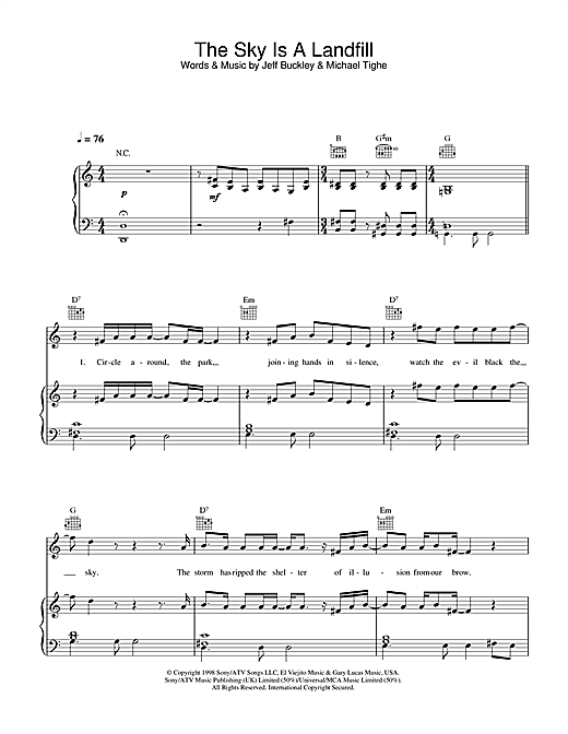 Preview Jeff Buckley The Sky Is A Landfill Pop sheet music, notes and chords for Piano, Vocal & Guitar (Right-Hand Melody), SKU: 33442 sheet music, piano notes, chords, guitar tabs, score, transpose, transcribe, how to play, guide, download, learn, tutorial, progression, song, artist, awards, billboard, mtv, vh1, tour, single, album, release