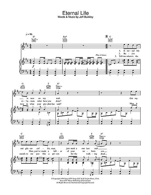 Preview Jeff Buckley Eternal Life Pop sheet music, notes and chords for Piano, Vocal & Guitar (Right-Hand Melody), SKU: 33443 sheet music, piano notes, chords, guitar tabs, score, transpose, transcribe, how to play, guide, download, learn, tutorial, progression, song, artist, awards, billboard, mtv, vh1, tour, single, album, release