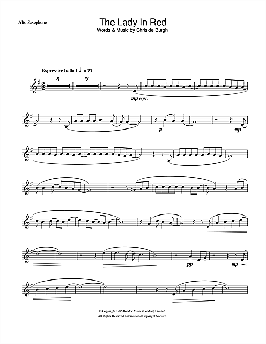 Preview Chris de Burgh The Lady In Red Pop sheet music, notes and chords for Alto Saxophone, SKU: 33450 sheet music, piano notes, chords, guitar tabs, score, transpose, transcribe, how to play, guide, download, learn, tutorial, progression, song, artist, awards, billboard, mtv, vh1, tour, single, album, release