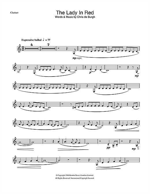 Preview Chris de Burgh The Lady In Red Pop sheet music, notes and chords for Clarinet, SKU: 33451 sheet music, piano notes, chords, guitar tabs, score, transpose, transcribe, how to play, guide, download, learn, tutorial, progression, song, artist, awards, billboard, mtv, vh1, tour, single, album, release
