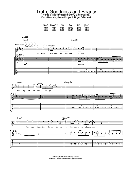 Preview The Cure Truth, Goodness And Beauty Pop sheet music, notes and chords for Guitar Tab, SKU: 33454 sheet music, piano notes, chords, guitar tabs, score, transpose, transcribe, how to play, guide, download, learn, tutorial, progression, song, artist, awards, billboard, mtv, vh1, tour, single, album, release