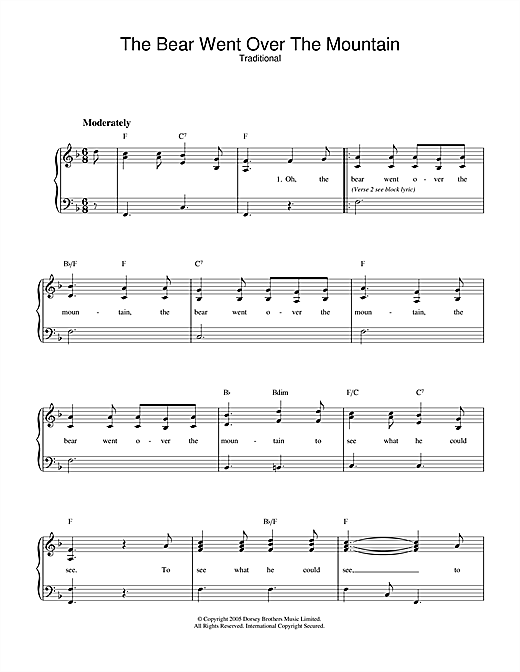 Preview Traditional The Bear Went Over The Mountain Children sheet music, notes and chords for Piano & Vocal, SKU: 33455 sheet music, piano notes, chords, guitar tabs, score, transpose, transcribe, how to play, guide, download, learn, tutorial, progression, song, artist, awards, billboard, mtv, vh1, tour, single, album, release