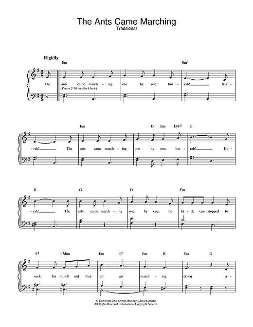 Preview Traditional The Ants Came Marching Children sheet music, notes and chords for Piano & Vocal, SKU: 33456 sheet music, piano notes, chords, guitar tabs, score, transpose, transcribe, how to play, guide, download, learn, tutorial, progression, song, artist, awards, billboard, mtv, vh1, tour, single, album, release